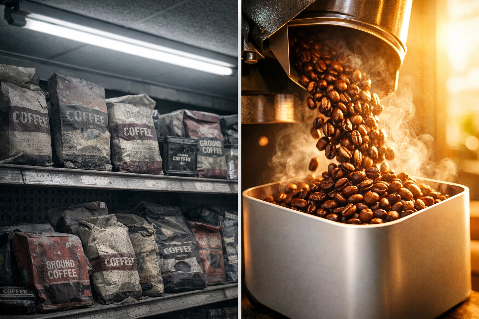 Comparison of stale grocery store coffee versus fresh on-demand roasted coffee beans
