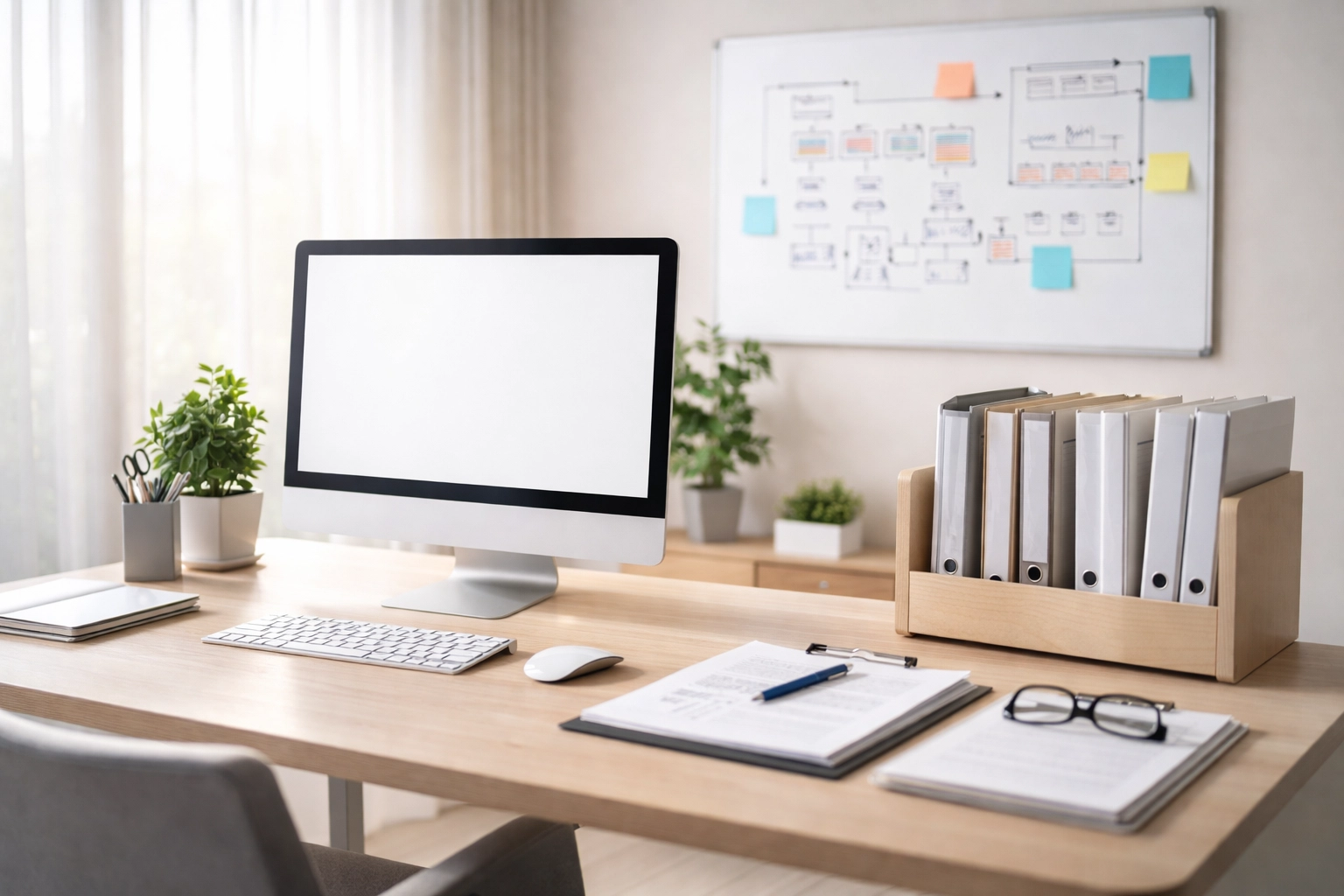 Organized modern office workspace with computer and workflow chart, highlighting efficient systems for scaling advisory businesses.