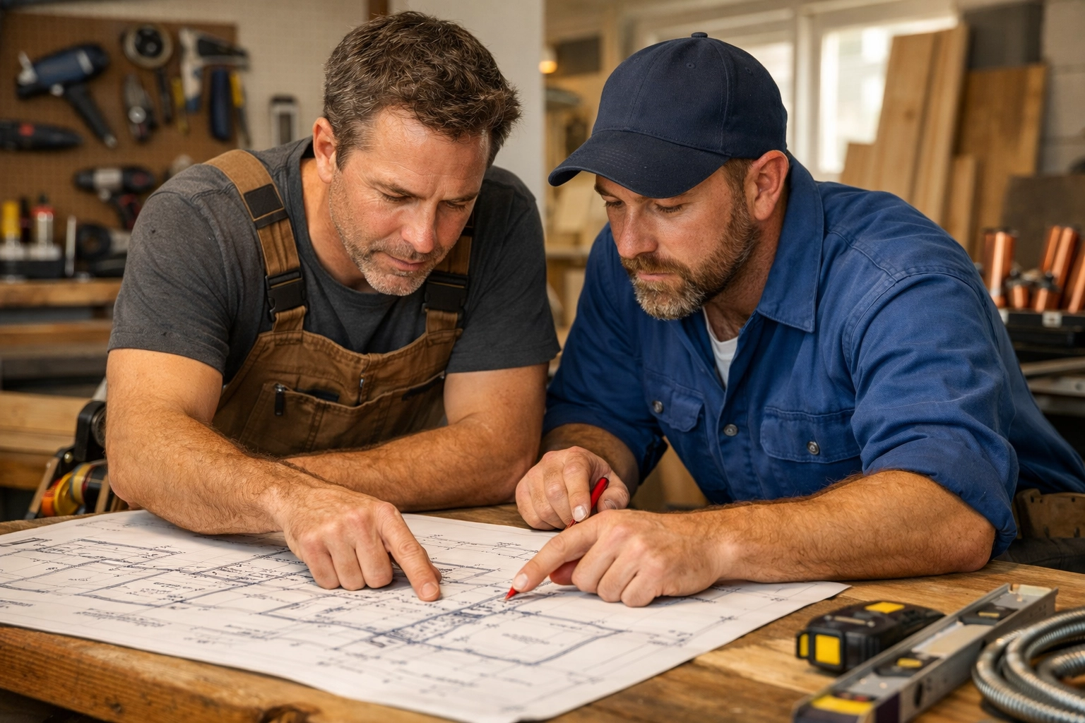 Qualified tradespeople at JJPM Construction reviewing bathroom design blueprints with precision.