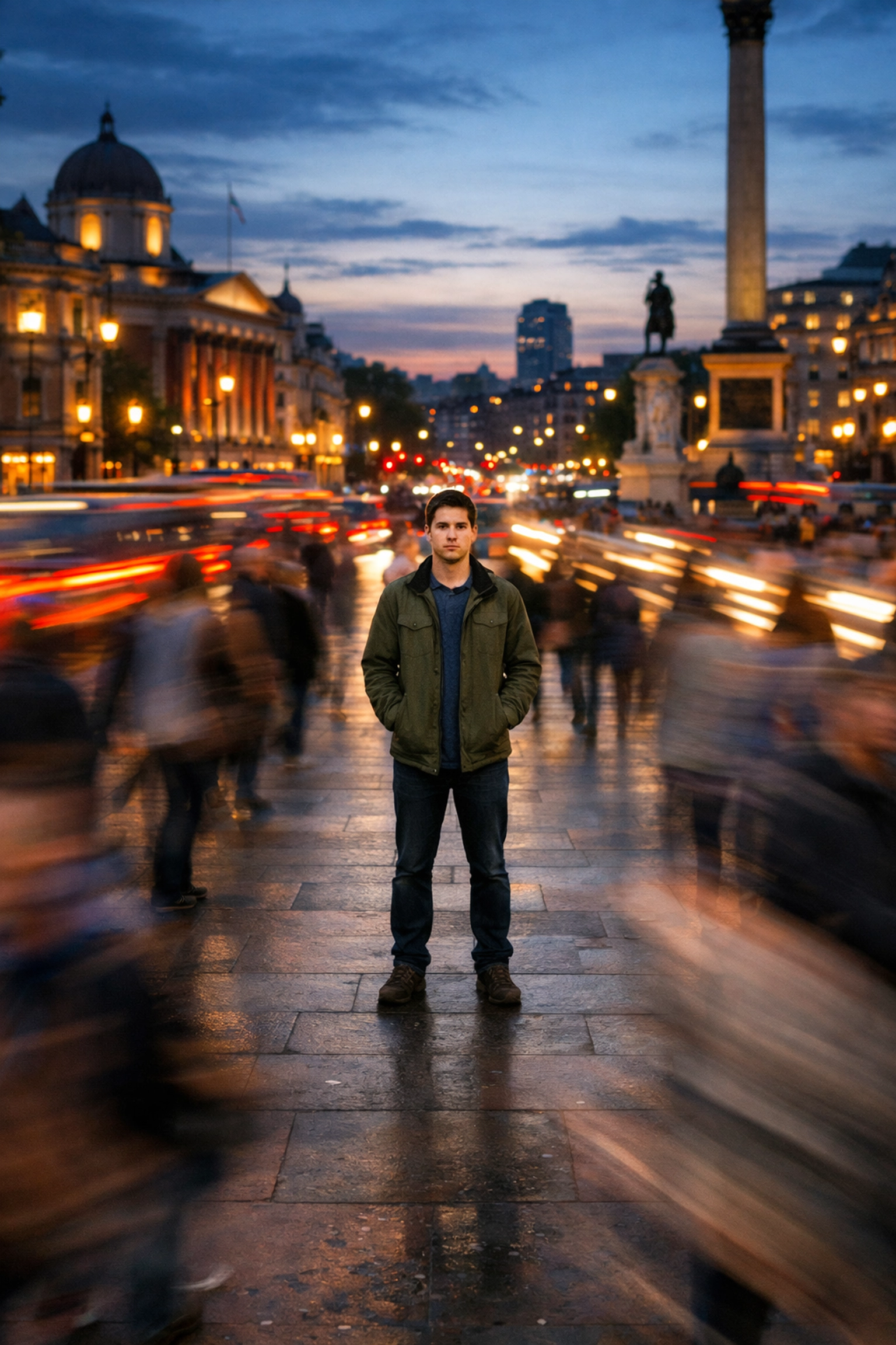Long-exposure city square with motion blur and light streaks, a top trend in the latest photography news.