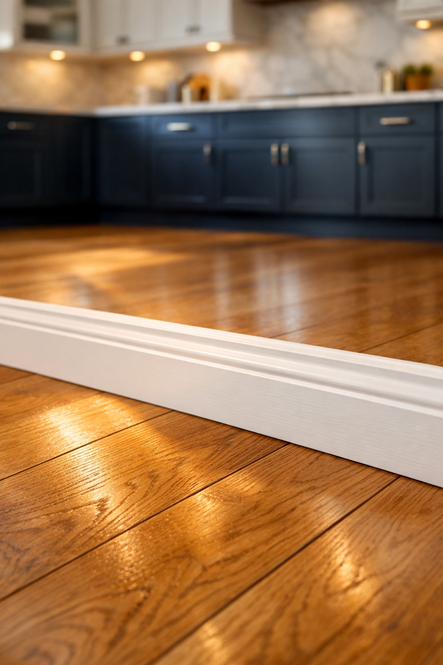 Pristine oak hardwood floors and white baseboards in a modern apartment turnover ready for new tenants.