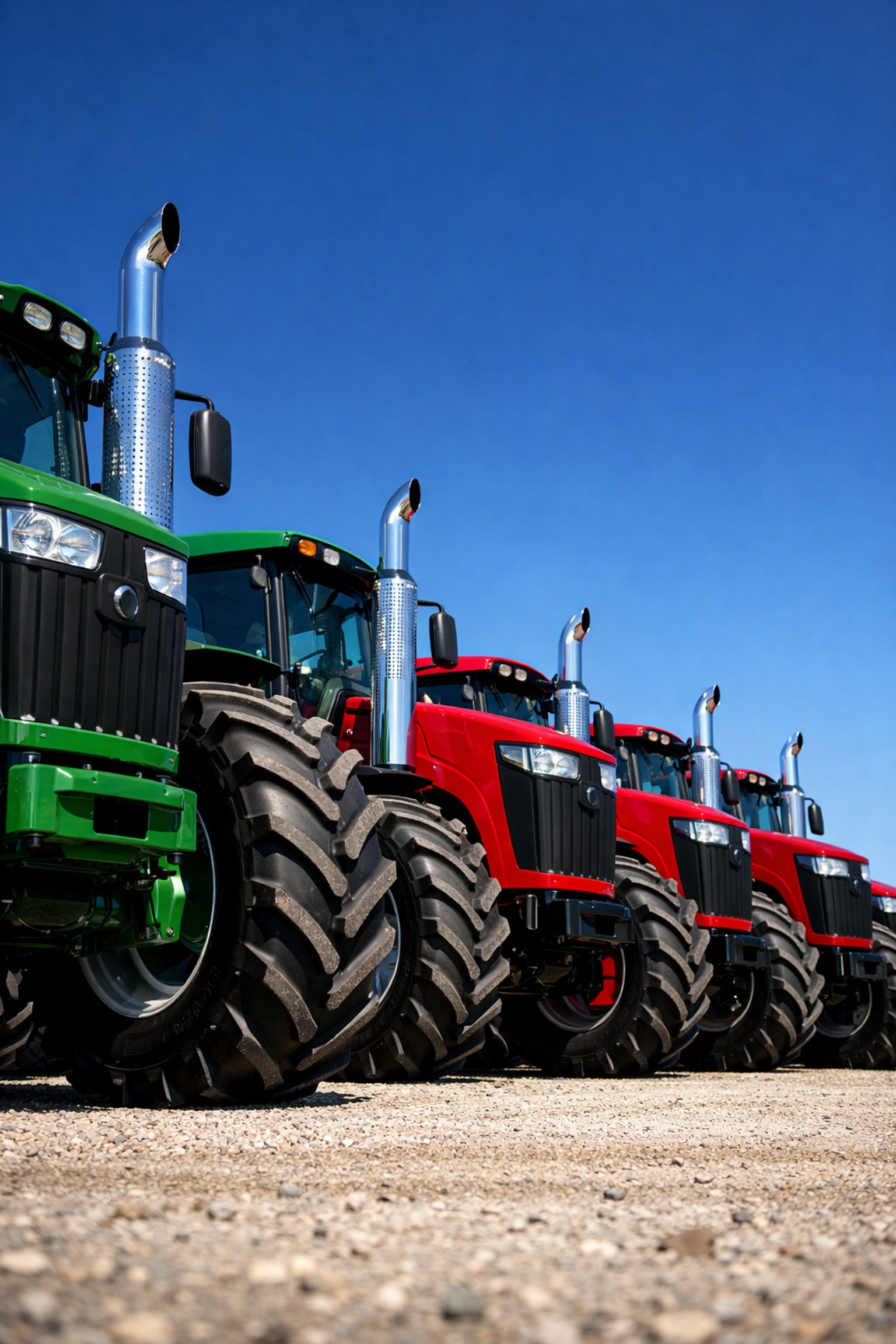 Row of new heavy-duty tractors on a lot, ready for affordable farm equipment financing.