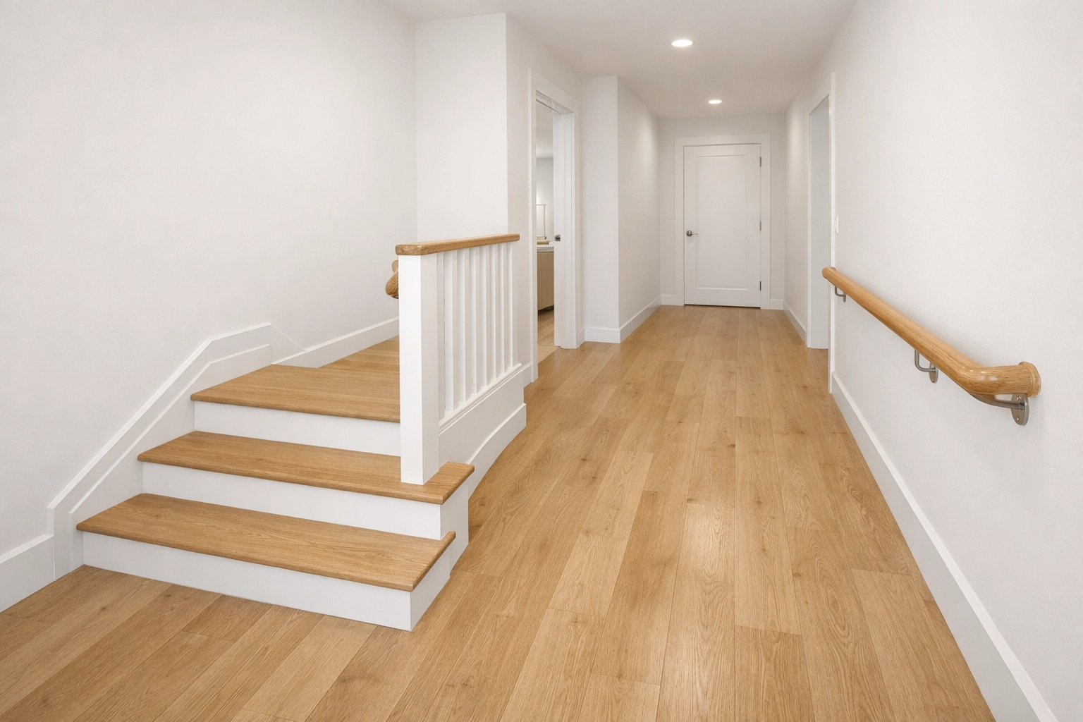 A brightly lit and clutter-free staircase landing with a continuous handrail to ensure safe entry and exit.
