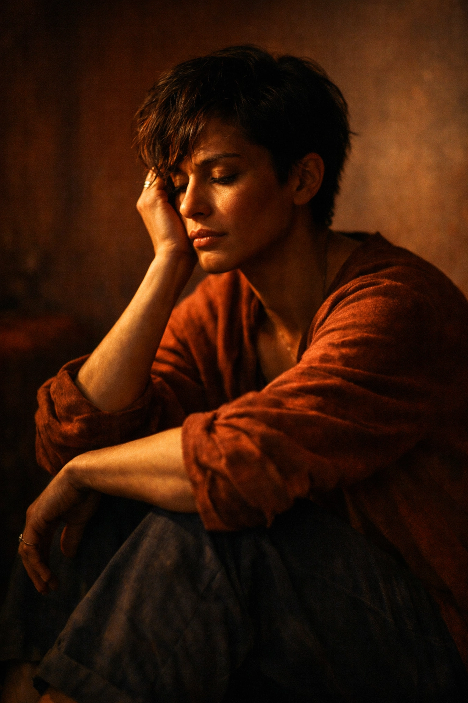 Contemplative person in warm light, symbolizing vulnerability and the power of raw storytelling.
