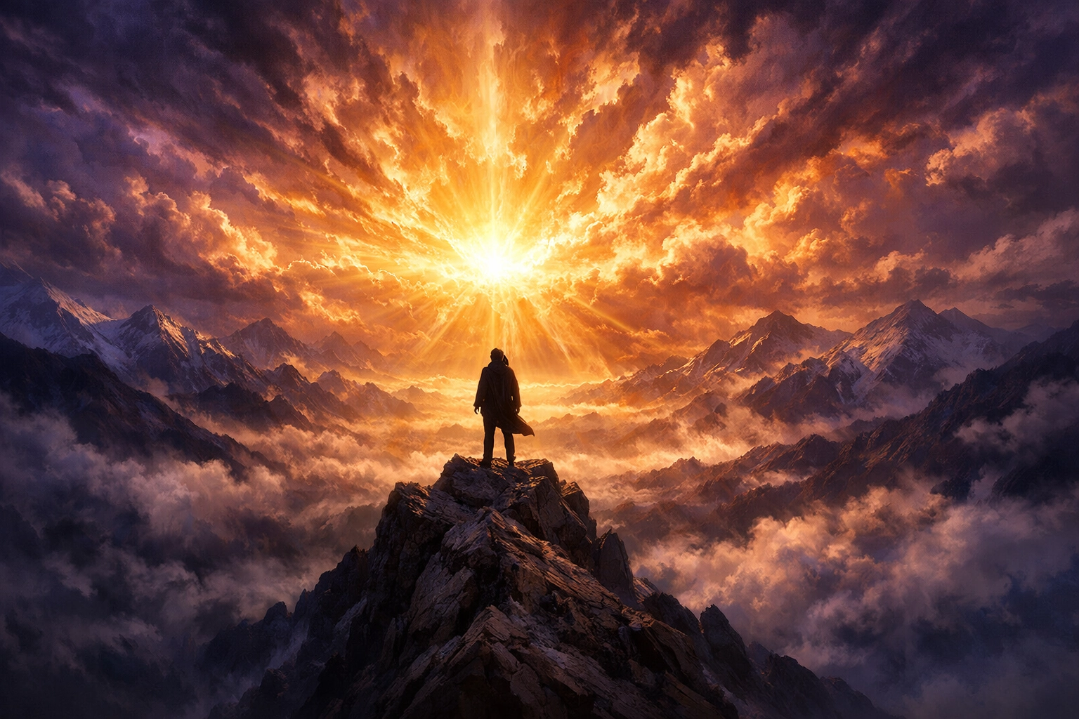 A silhouette looking toward a bright heavenly light above a foggy valley of world chaos.