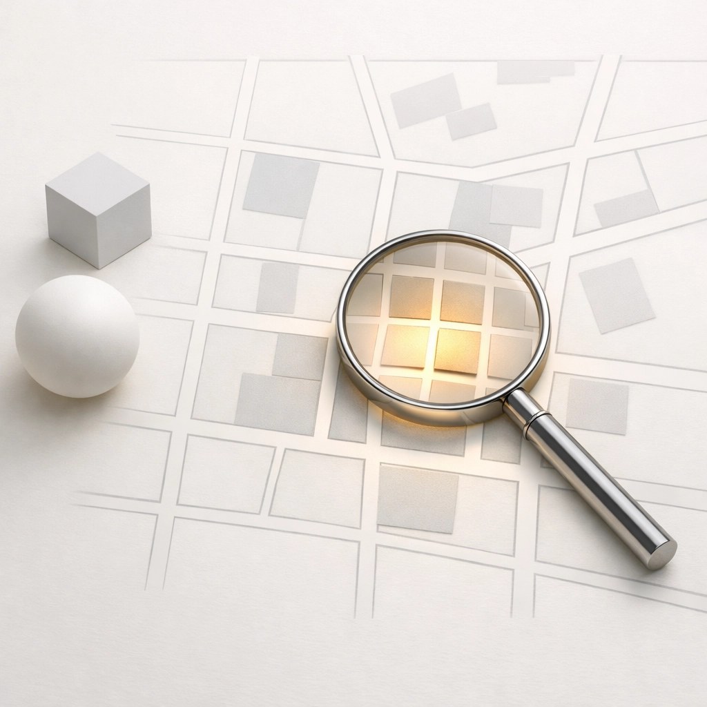A magnifying glass over a neighborhood grid symbolizing a strategic search for value in Spokane homes for sale.