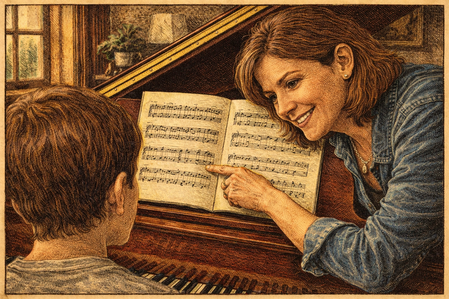 One-on-one piano lesson with instructor mentoring student at grand piano