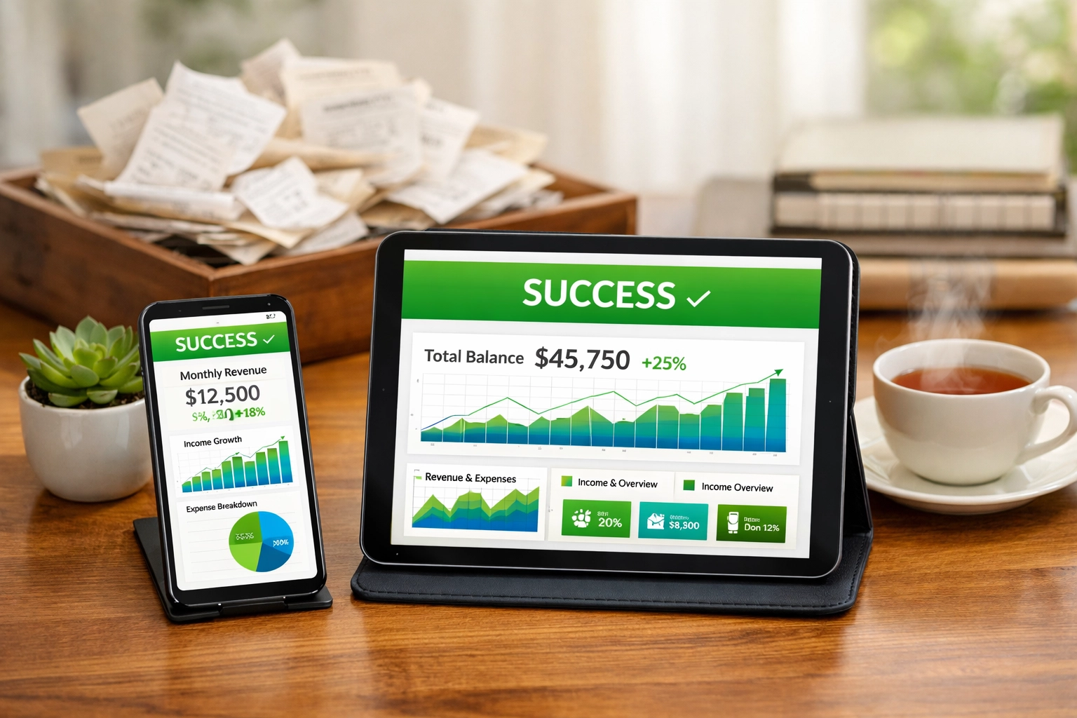 Digital tax records and financial charts on a tablet, replacing traditional paper receipts for landlords.