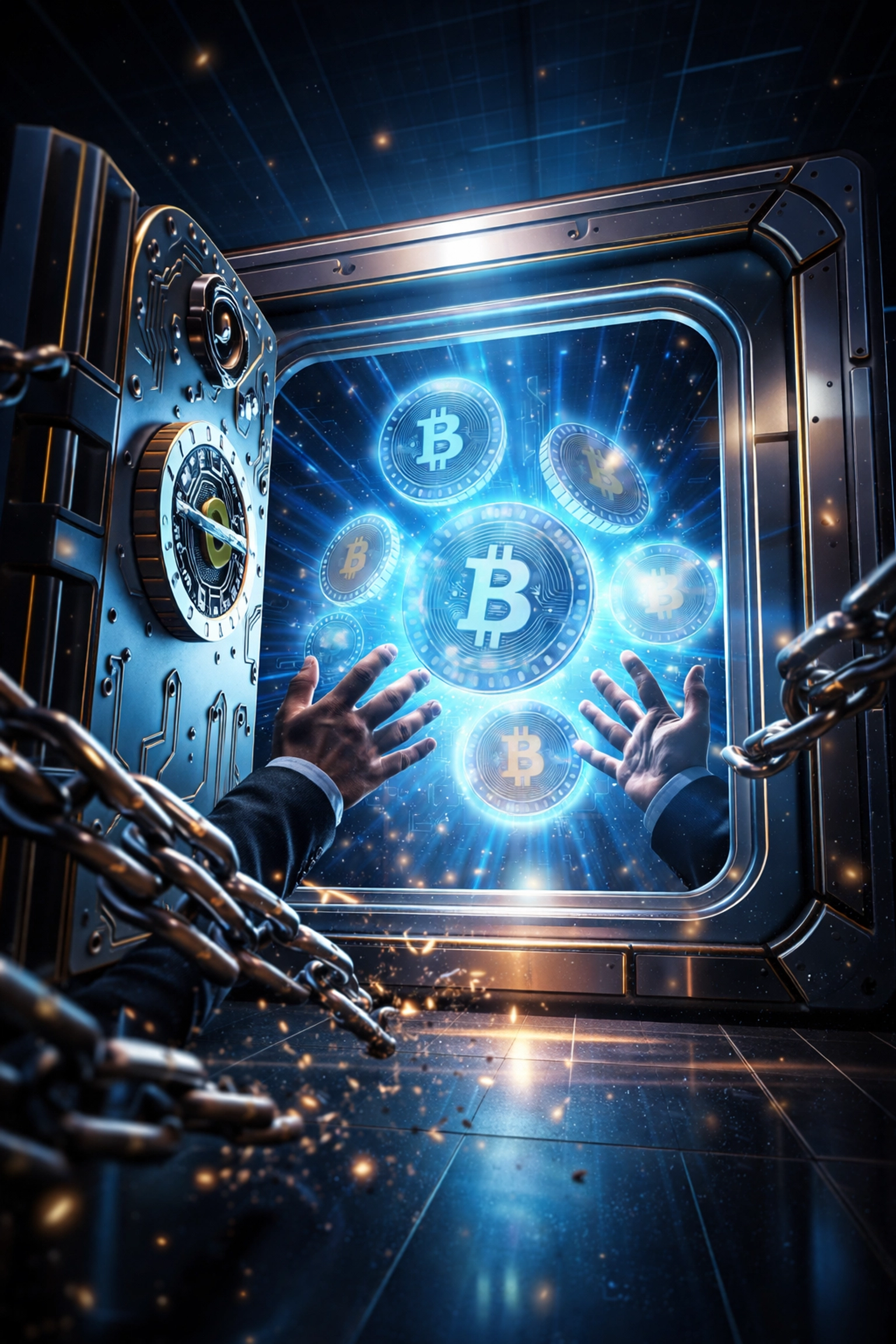 Merchant claiming control of cryptocurrency coins in a digital vault, illustrating self-custody wallet freedom with Larecoin crypto payments.