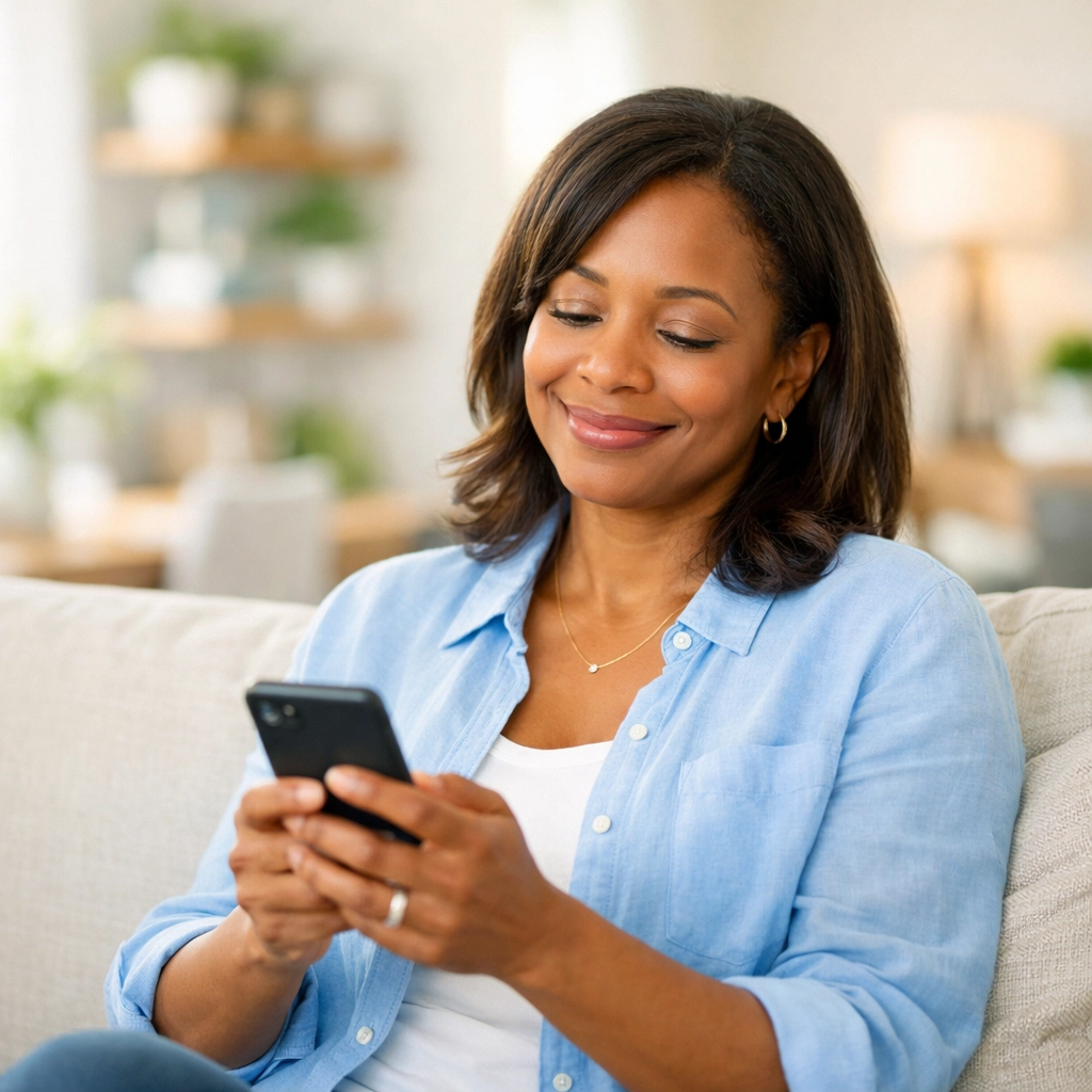 African American woman using a smartphone to book medical transportation durham nc from home.