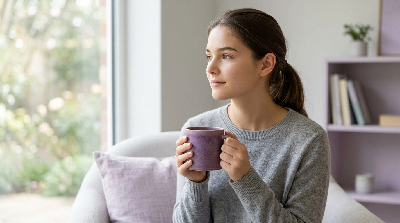A serene living room with soft, natural lighting where a person sits thoughtfully with a warm drink, representing a safe space for reflection.