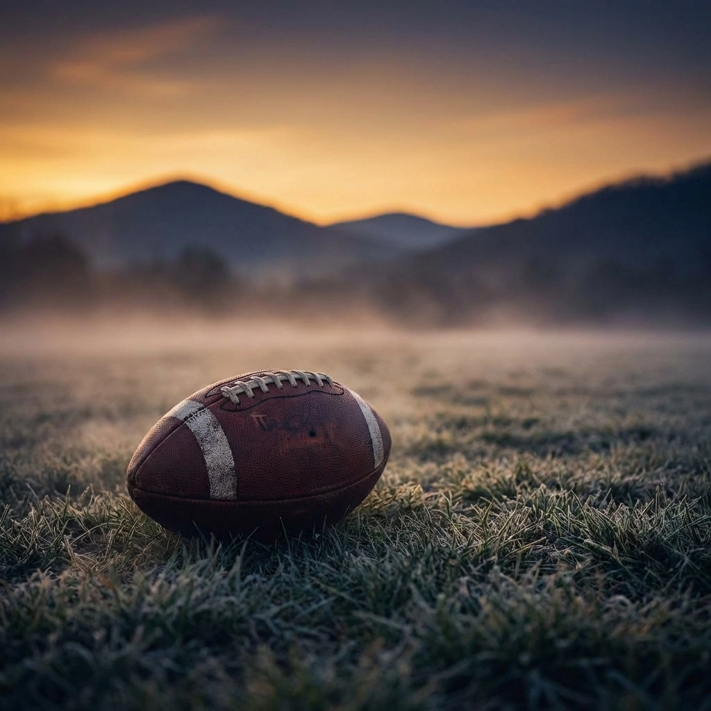 A football rests on a misty grass field at sunrise with Appalachian mountains in the background, reflecting the rise of West Virginia talent and a new era for WVU football.