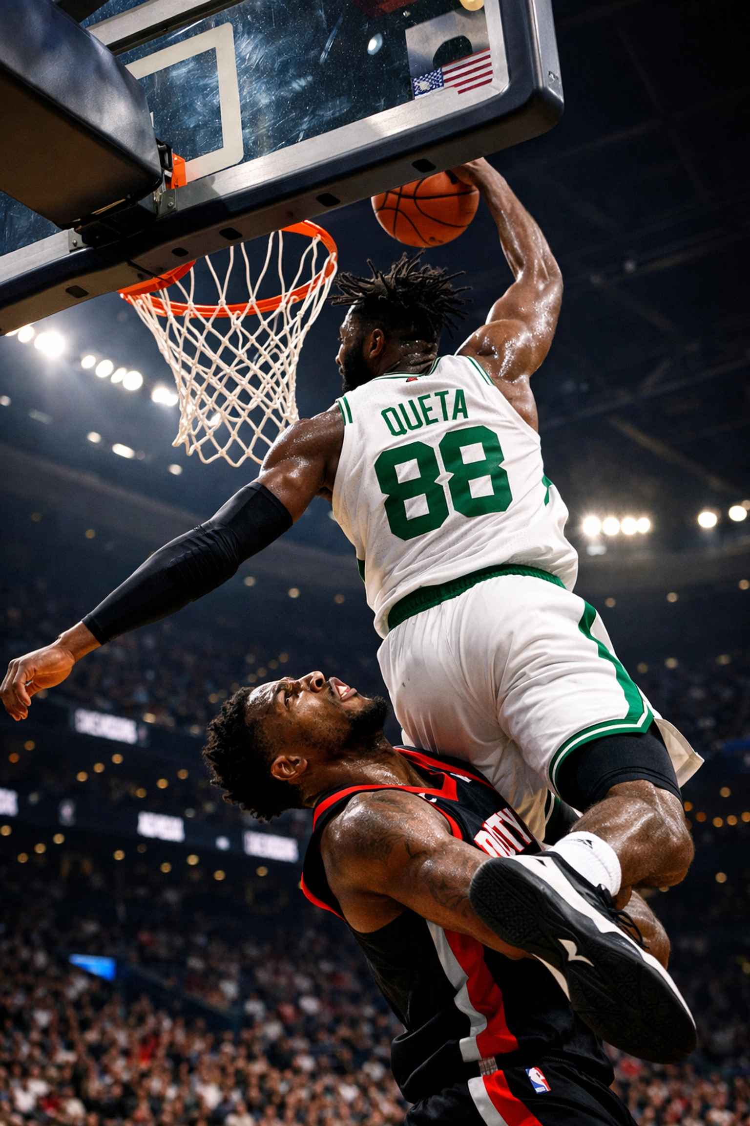 Neemias Queta dunks over Luka Doncic in Celtics vs Lakers game at Crypto.com Arena