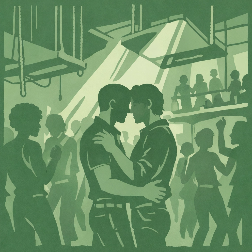 Gay men dancing at The Anvil nightclub interior showcasing 1970s LGBTQ+ freedom and celebration