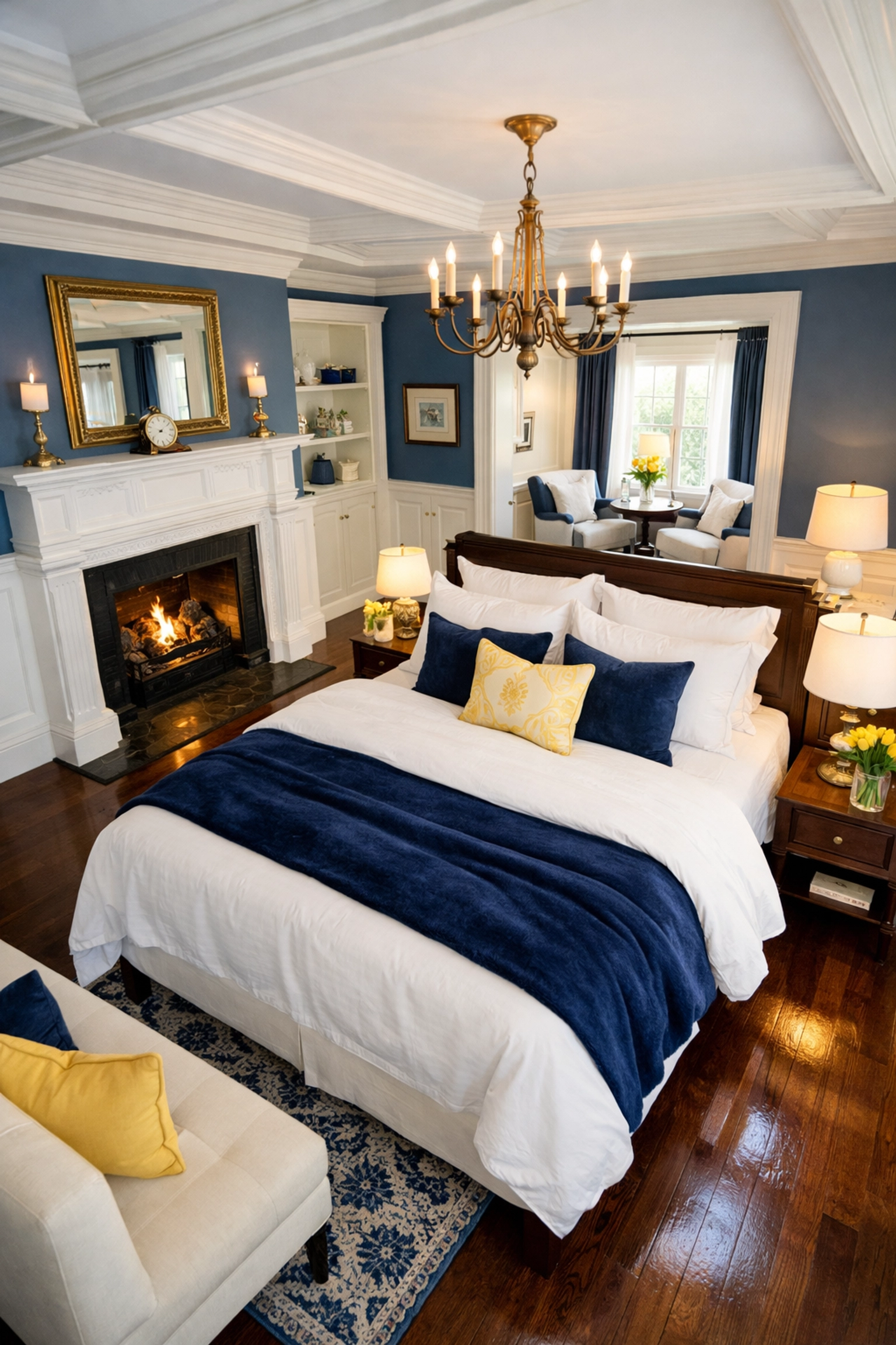 Luxury master suite in a Concord historic home with a clean white fireplace and dark gleaming floors.