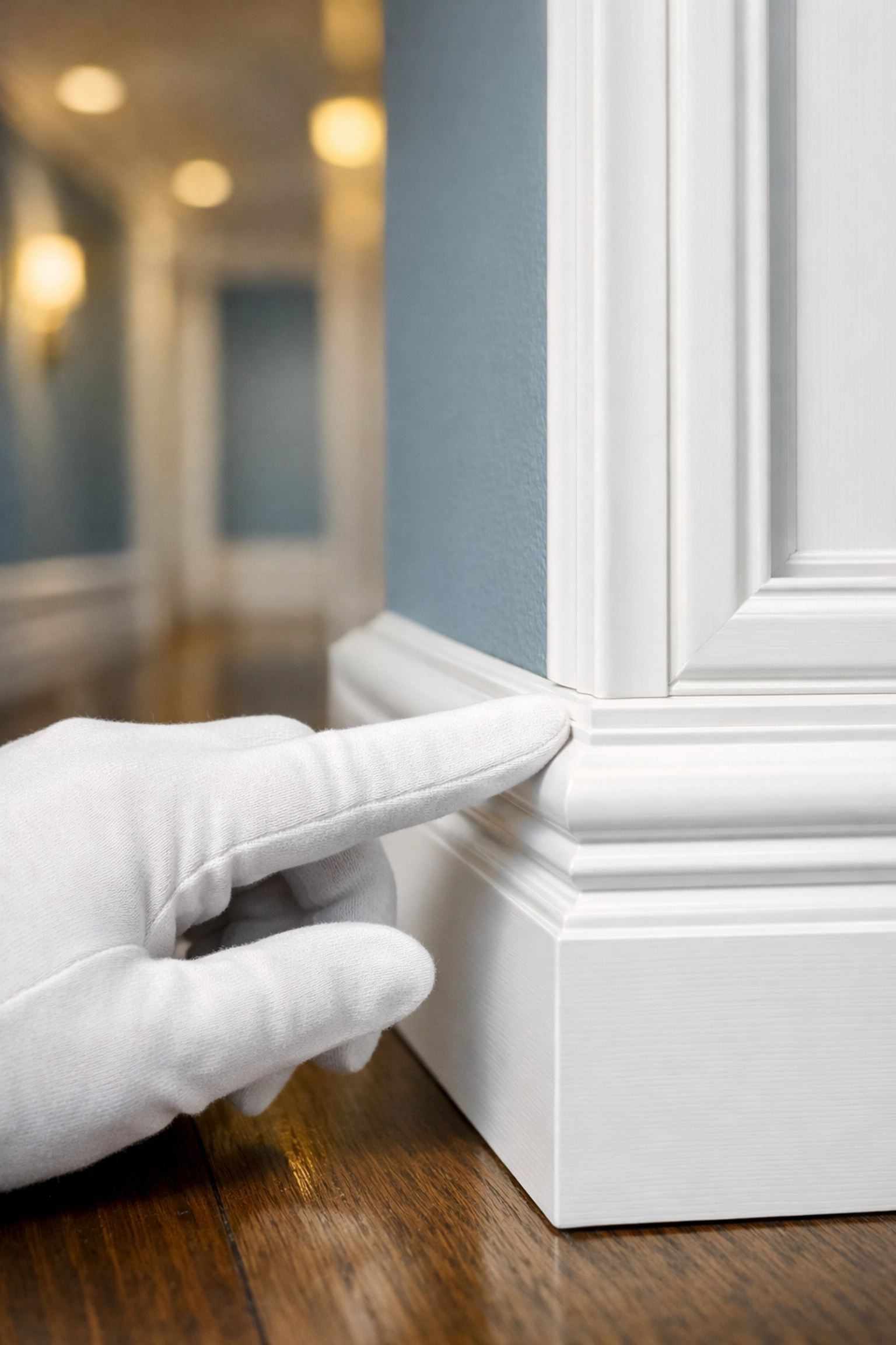 Detailed house cleaning inspection of white baseboards, ensuring a high-standard professional finish.
