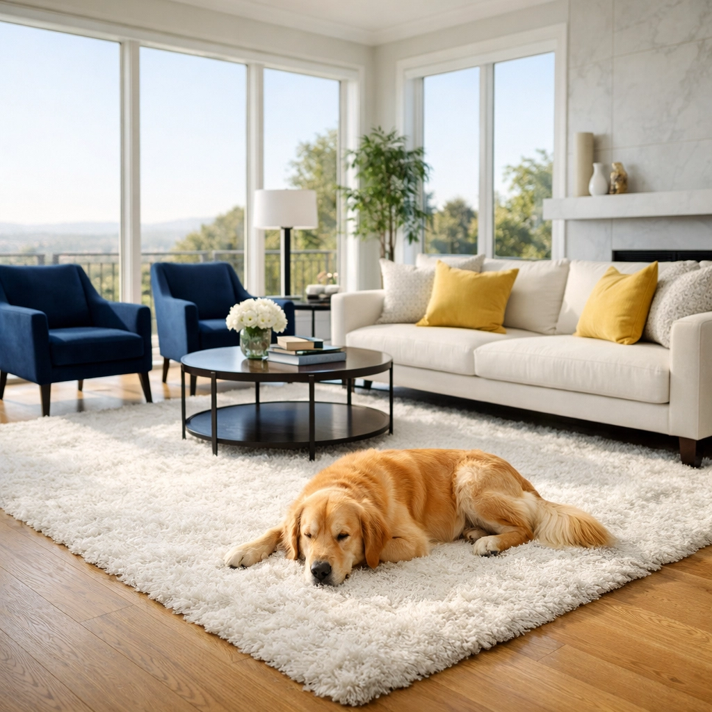 Clean modern living room with a golden retriever on a white rug after a bi-weekly house cleaning service.
