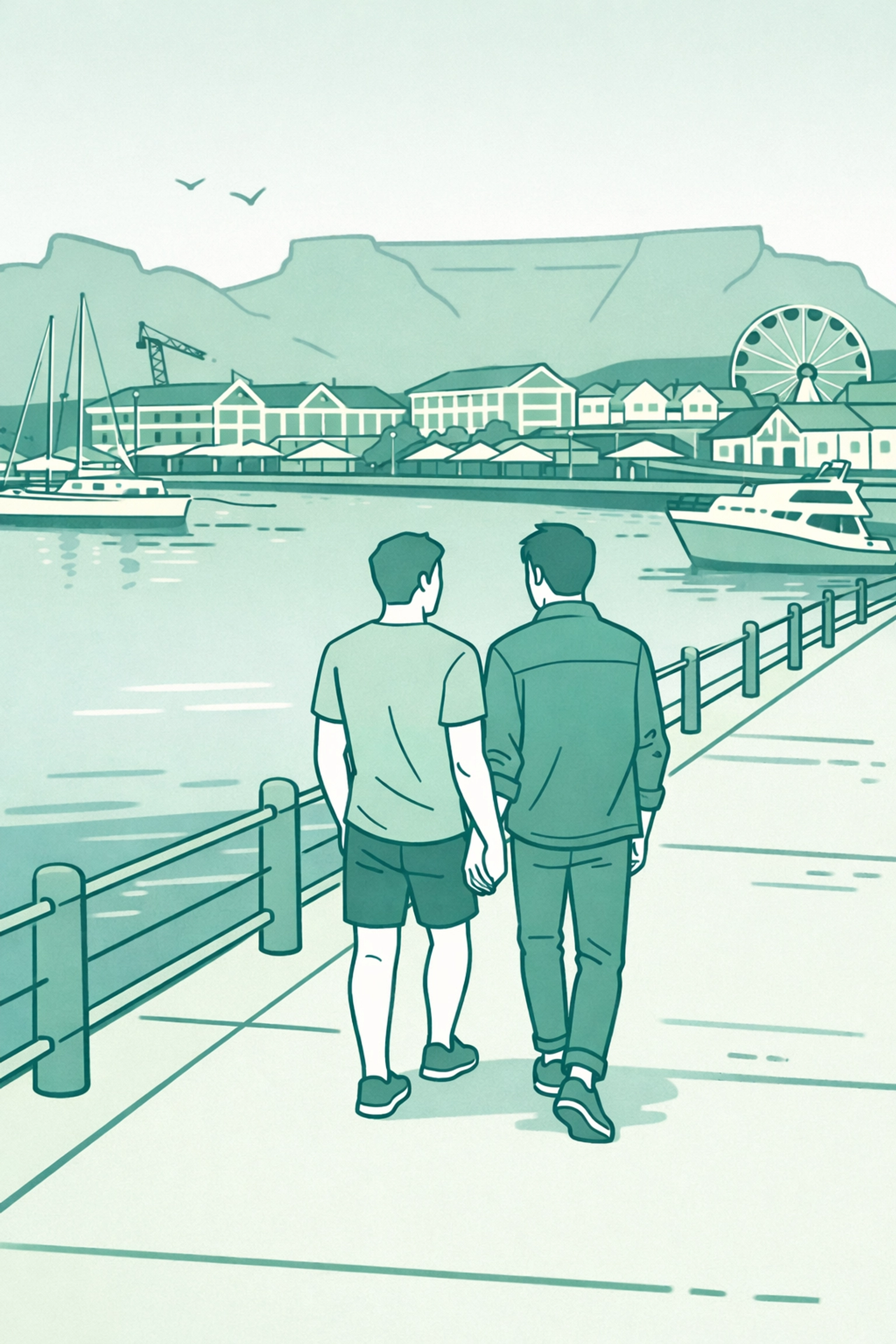 Two men walking together along Cape Town's V&A Waterfront - MM contemporary romance scene