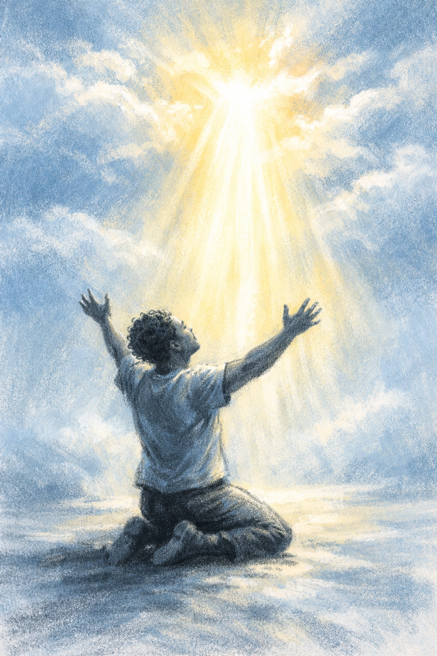 Person kneeling with arms raised toward divine light, symbolizing turning to God in repentance and surrender