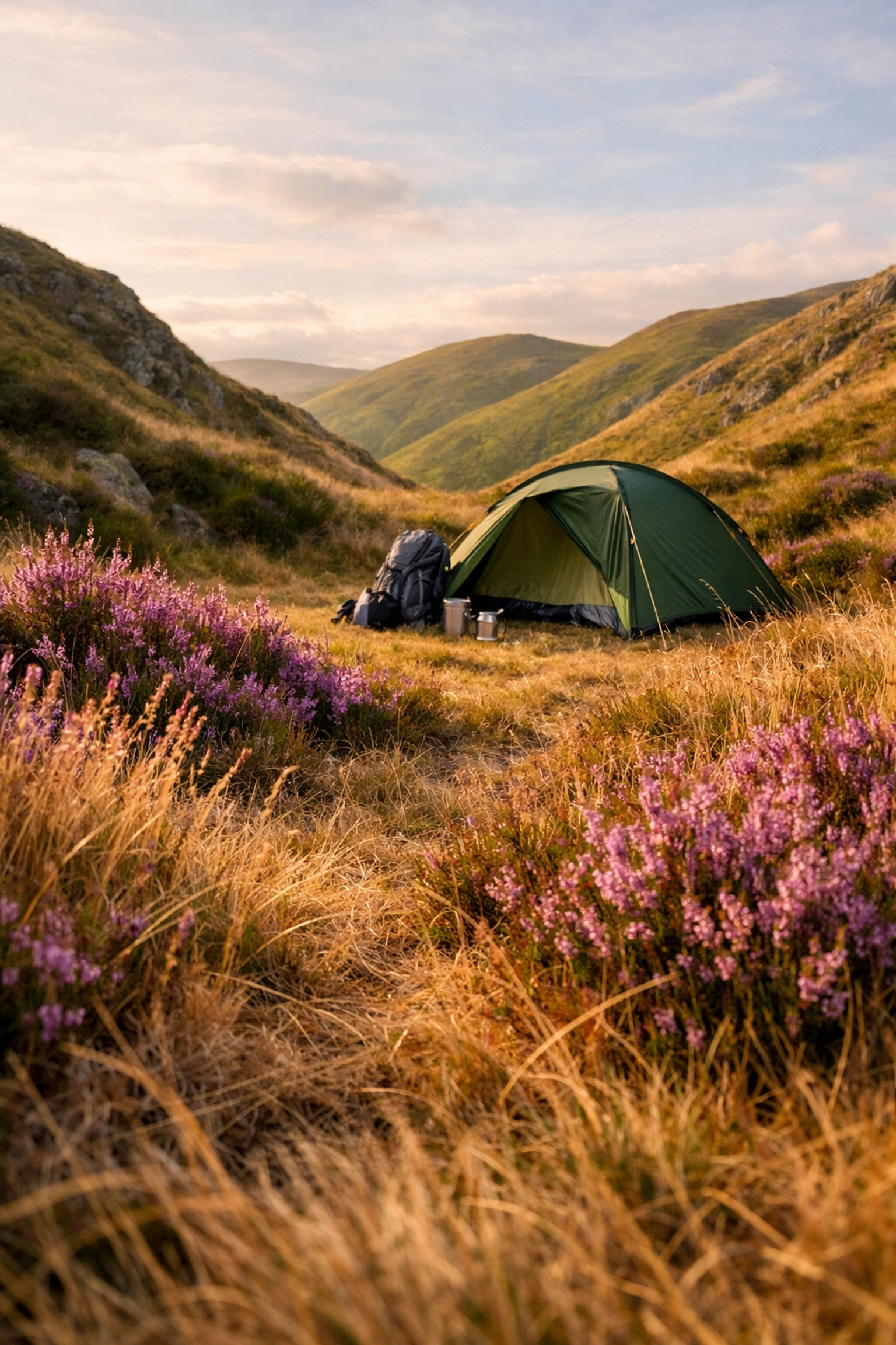 Perfect dry ground for a camping adventure UK, tucked away in a quiet mountain hollow.