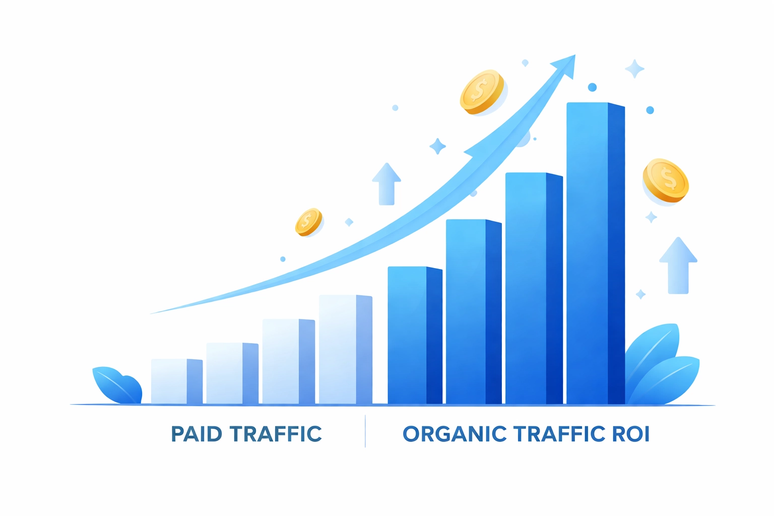 Bar chart comparison showing organic traffic ROI surpassing paid search for long-term SEO success