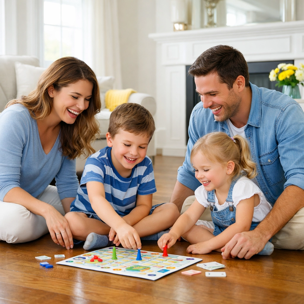 A family playing on a clean floor, enjoying the results of professional cleaners Marlborough MA.