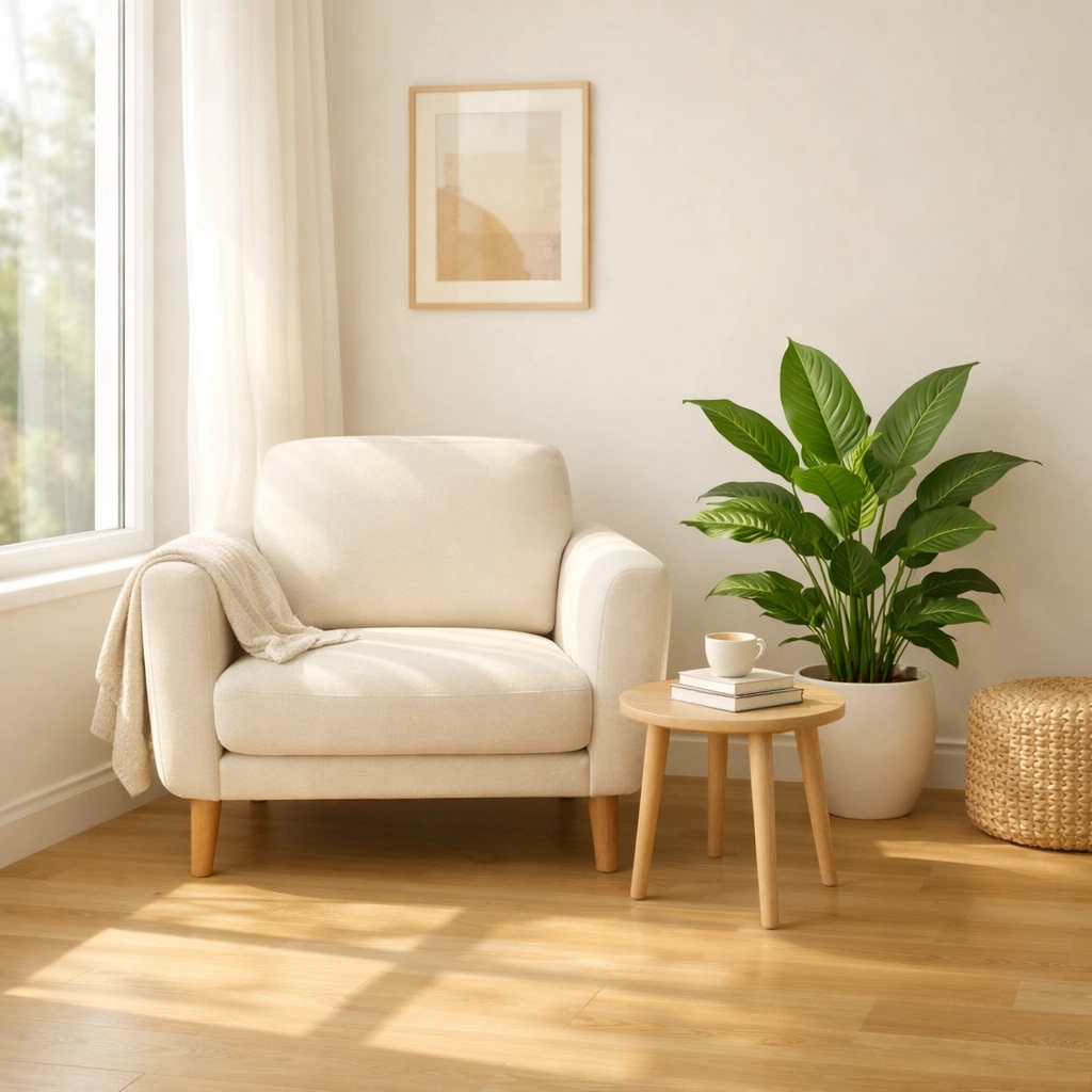 A sunlit, spotless living room showing the peace of mind from professional house cleaning in Greenville, SC.