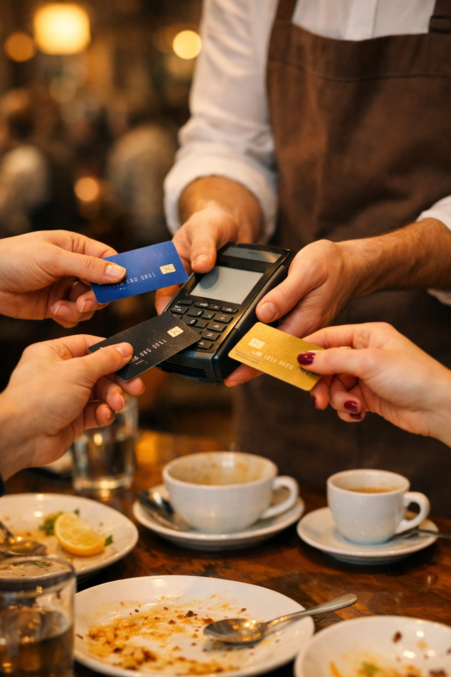SumUp card reader processing bill splitting for multiple customers at restaurant table