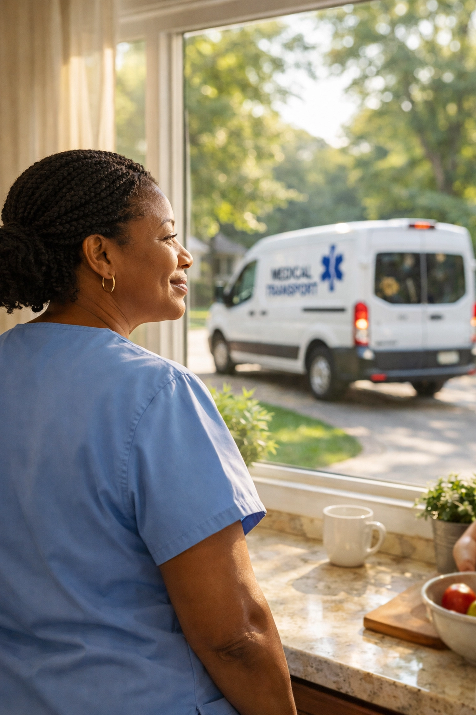 A relieved caregiver watching a trusted senior medical transportation van arrive at their home.