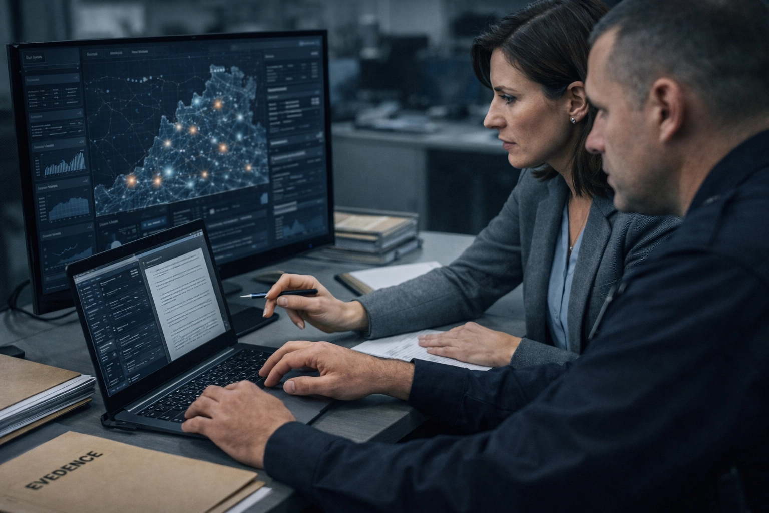 Licensed investigator in Virginia and law enforcement analyzing digital data for online dating safety and scam prevention.