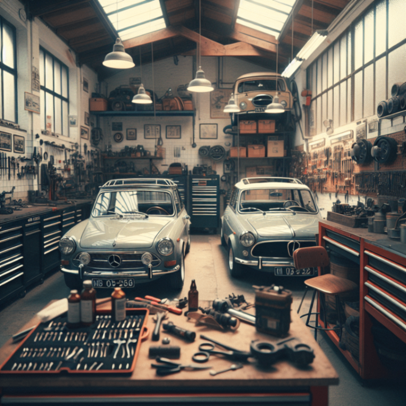 Classic German Cars in Auto Repair Shop
