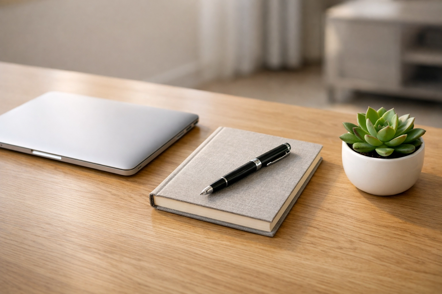 Clean, minimalist workspace with a laptop and notebook, symbolizing organized finances and stress-free bookkeeping.