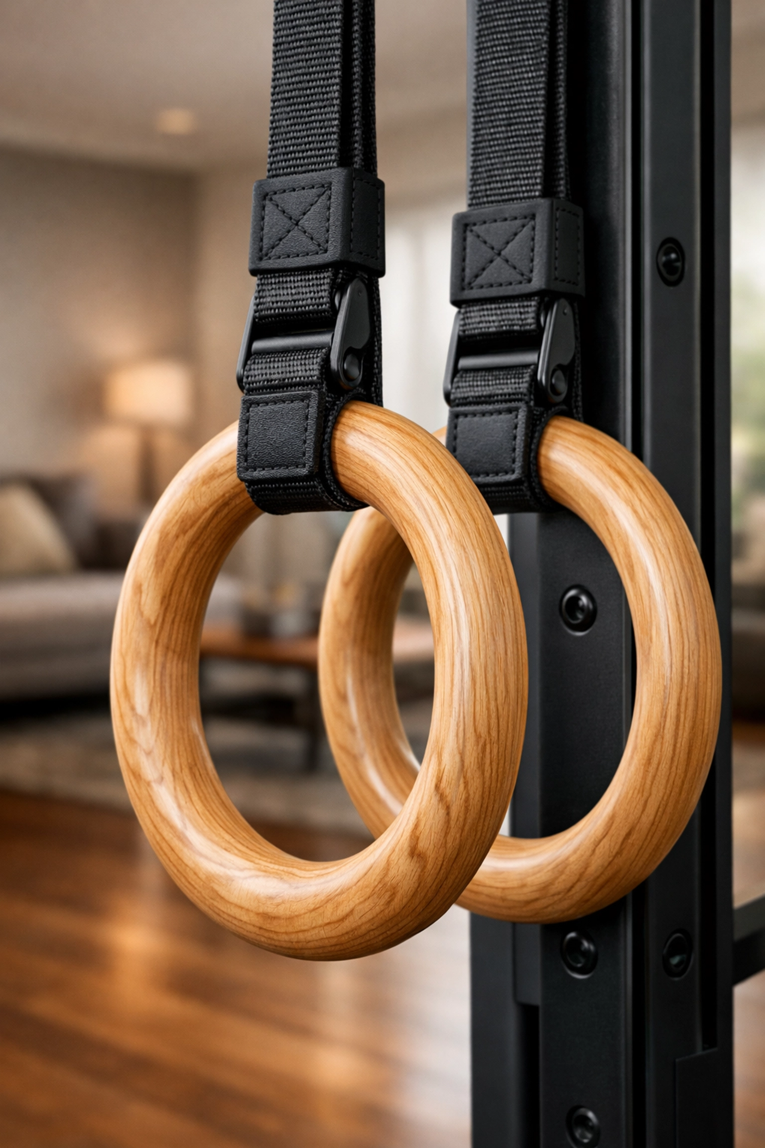Professional wooden gymnastics rings on a versatile home gym rail system for intense resistance training.