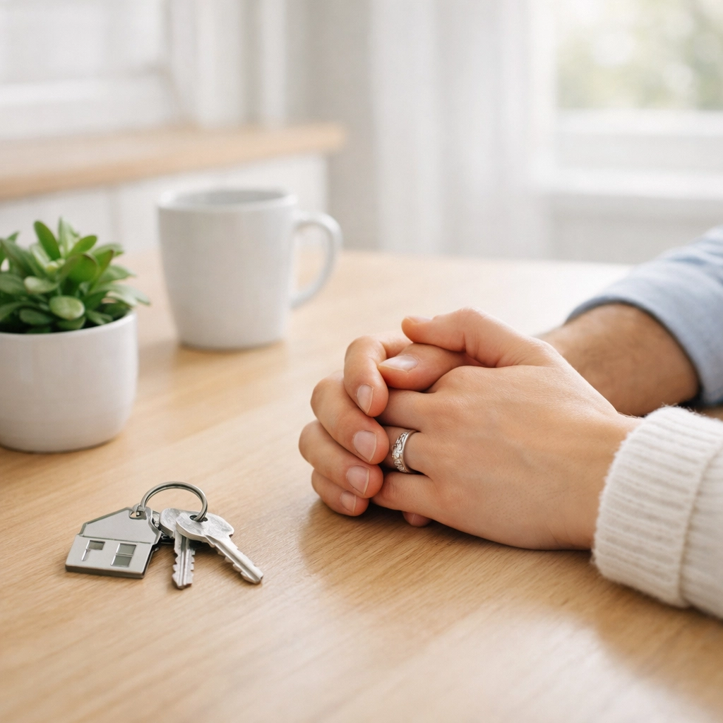 Hands on a kitchen table with house keys, representing home-centered life insurance planning.
