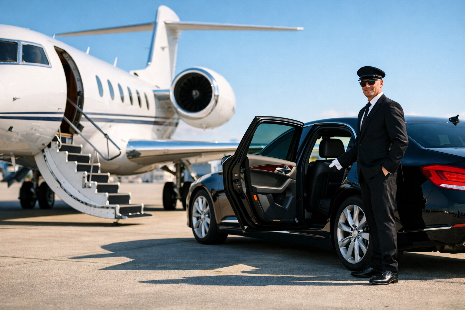 Chauffeur waiting by a luxury sedan next to a private jet on the tarmac for seamless VIP airport transfers.