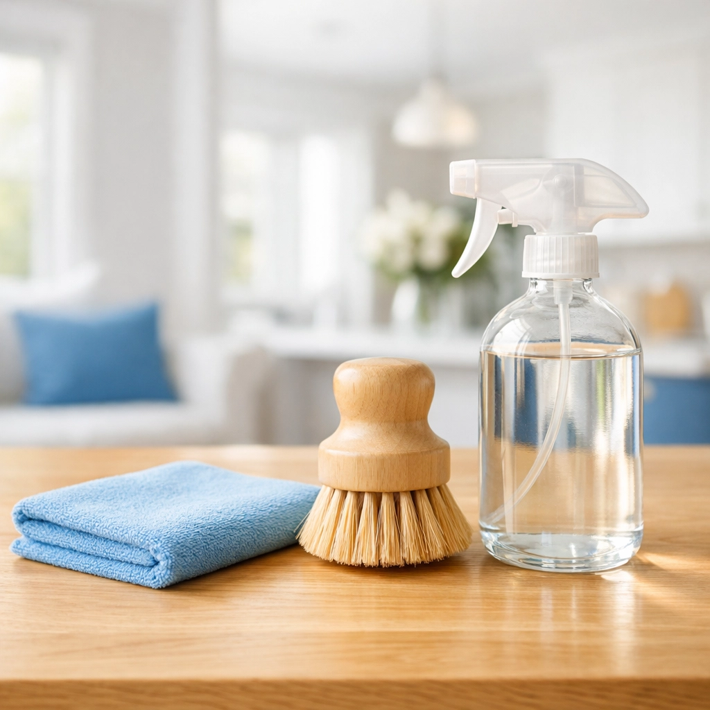 Eco-friendly and non-toxic cleaning supplies used by professional house cleaners in a New Seabury home.