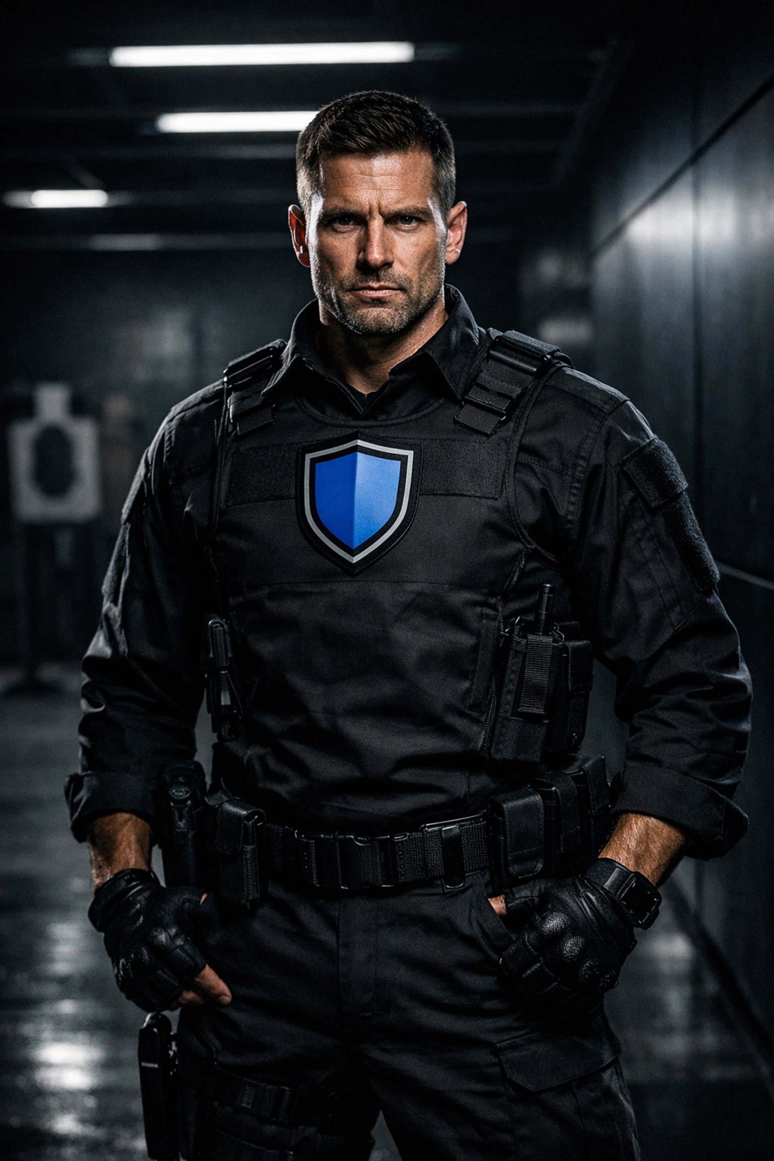 Professional DCJS certified security guard in a tactical uniform standing at the ready for Virginia protection.