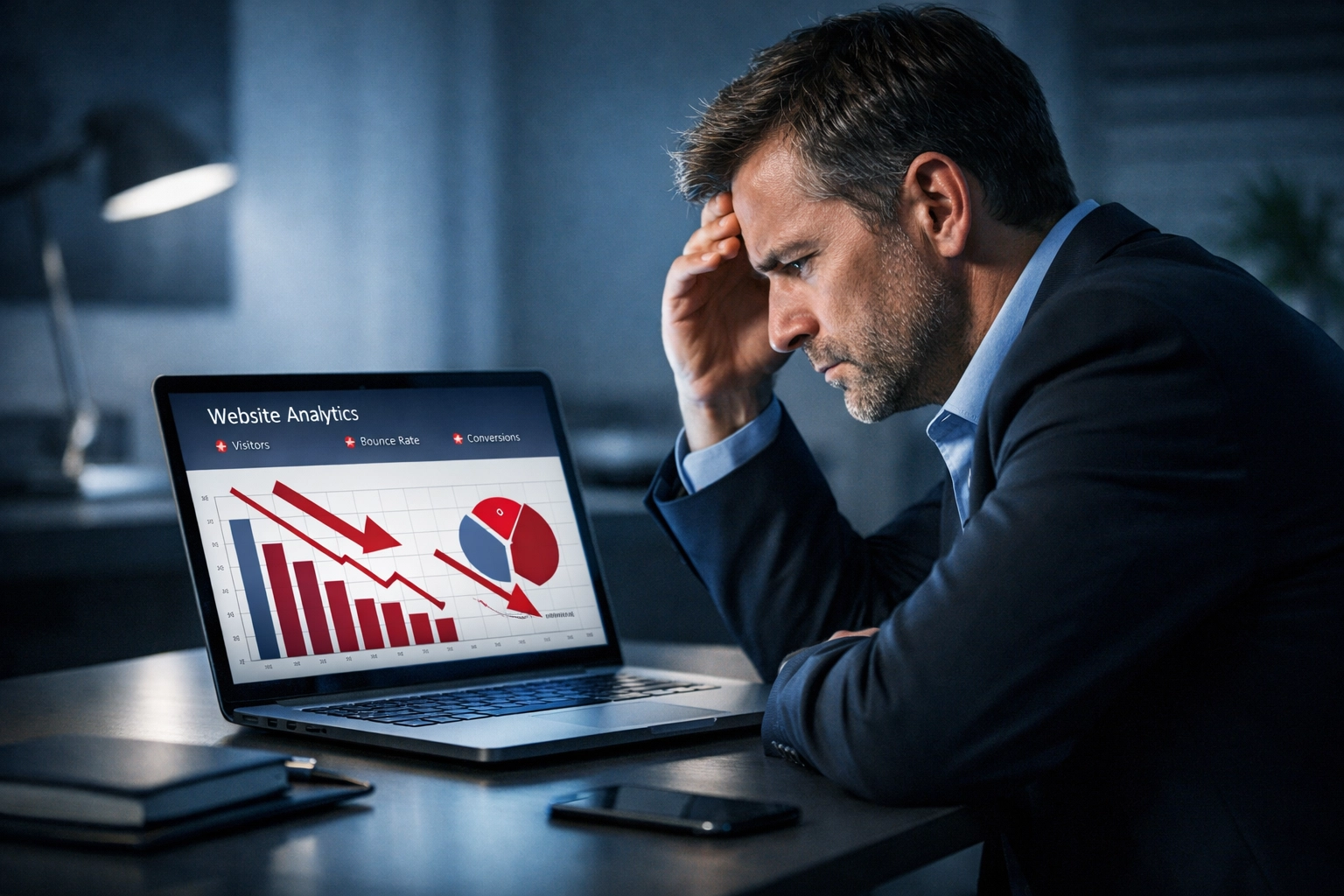 Business owner viewing declining website analytics caused by generic AI blog content affecting SEO rankings