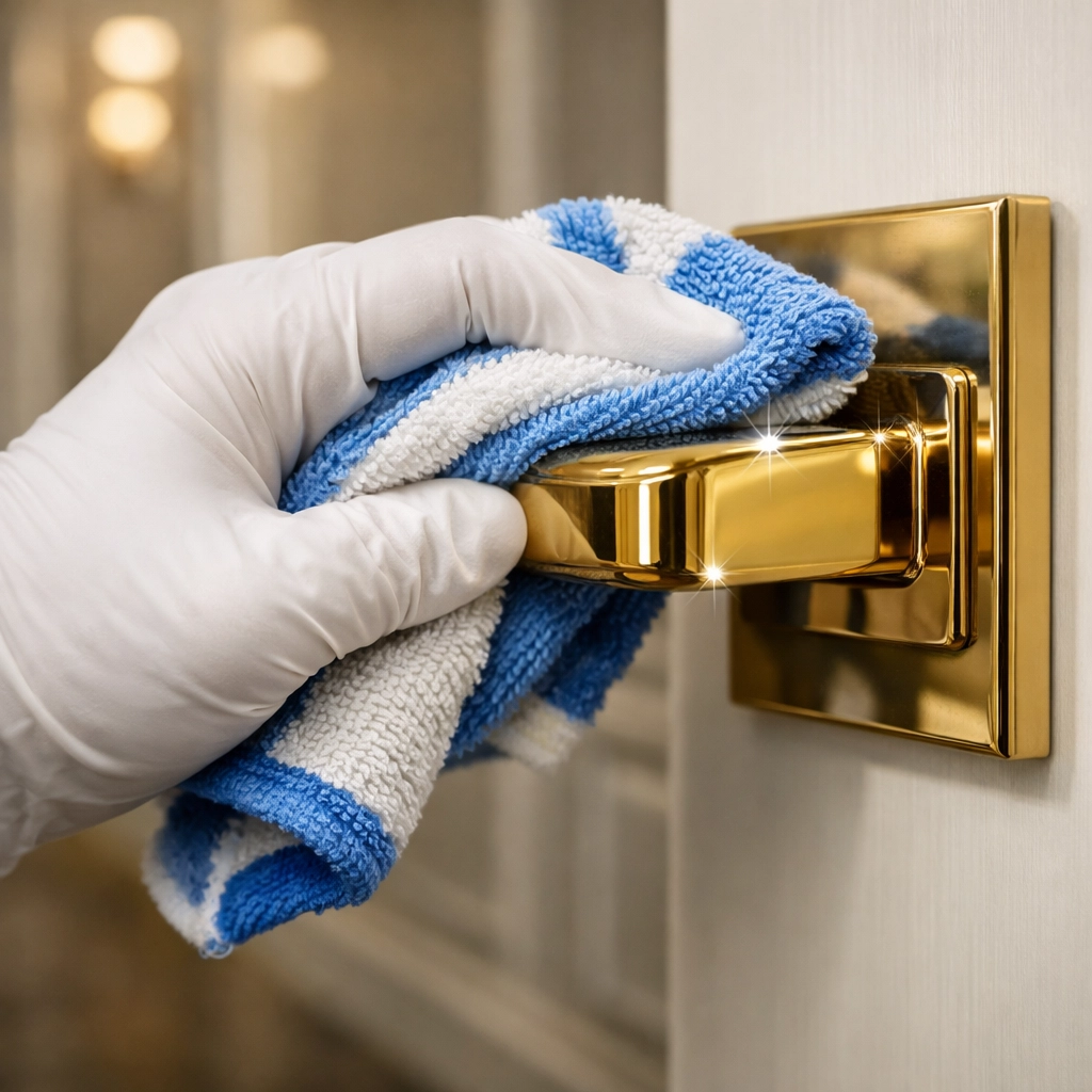 Close-up of a house cleaning Newton MA professional sanitizing high-touch door handles.