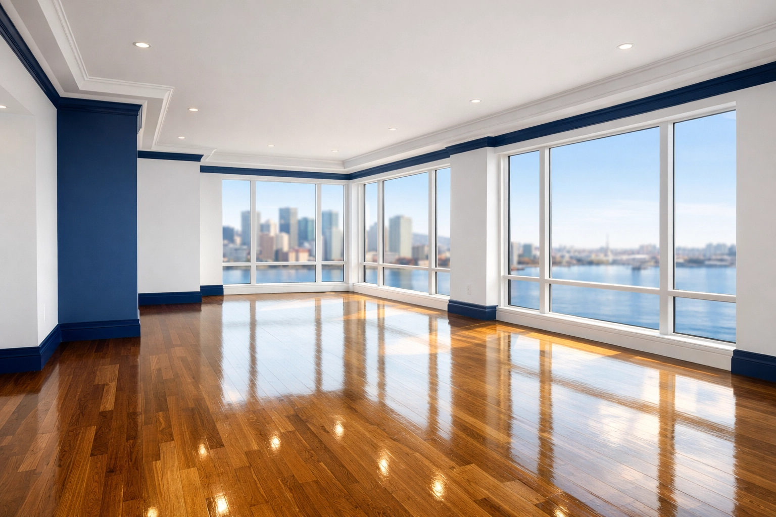 Pristine empty luxury apartment in Boston Seaport after professional move-out cleaning service.