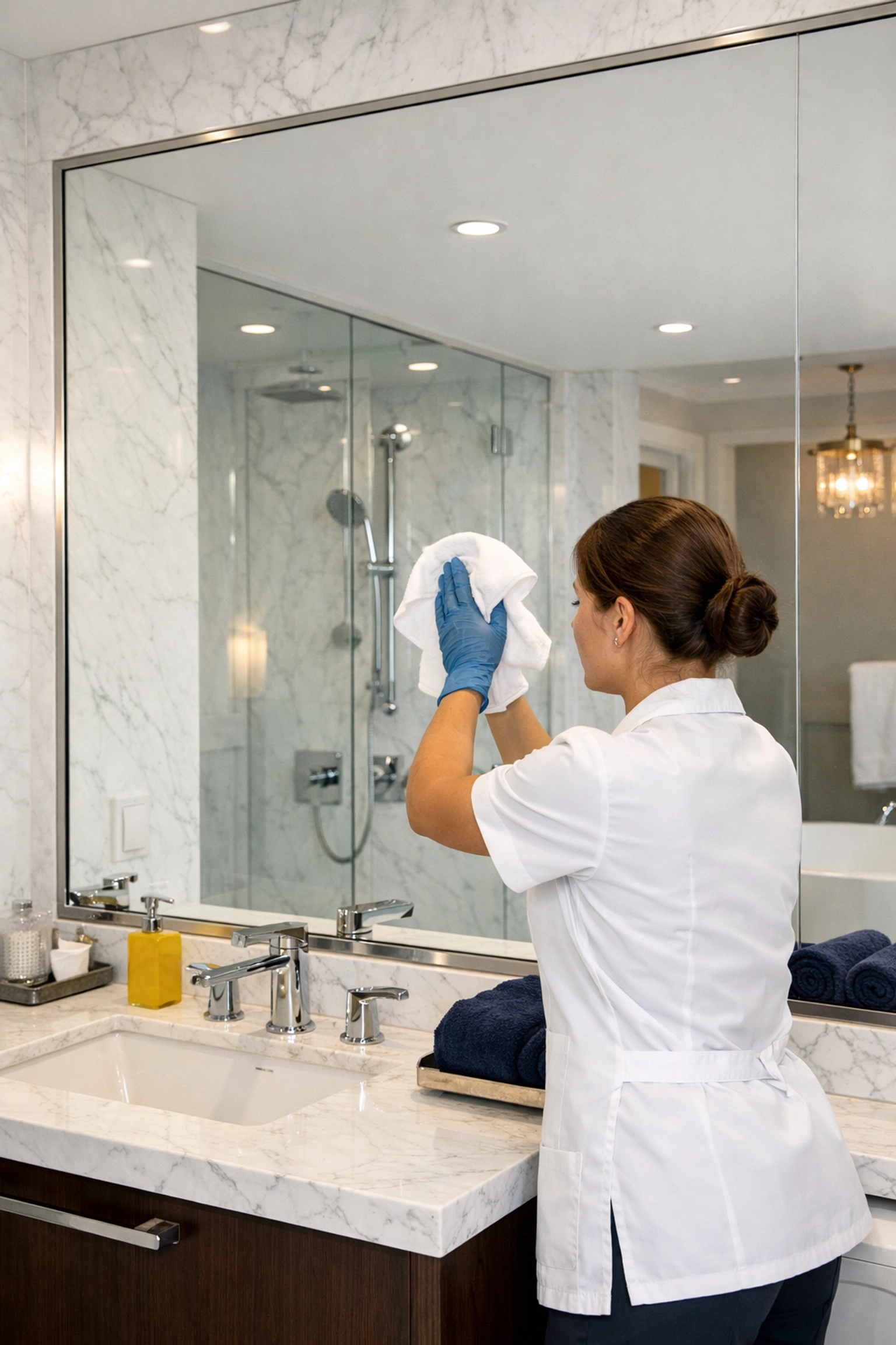The Cleaning Ninjas professional cleaning service buffing a luxury bathroom mirror to a shine.