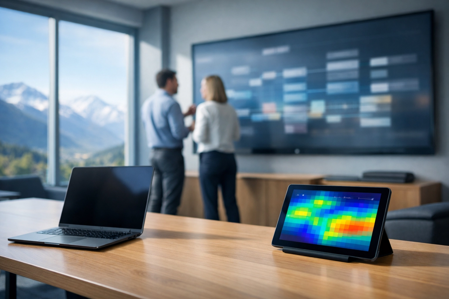 Professionals in a modern strategy room planning digital media innovation and roadmap strategies for business.