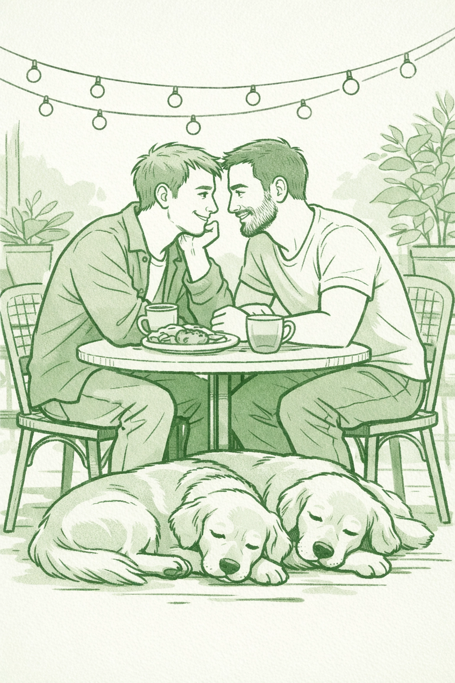 Two men enjoying romantic brunch at pet-friendly cafe with their dogs