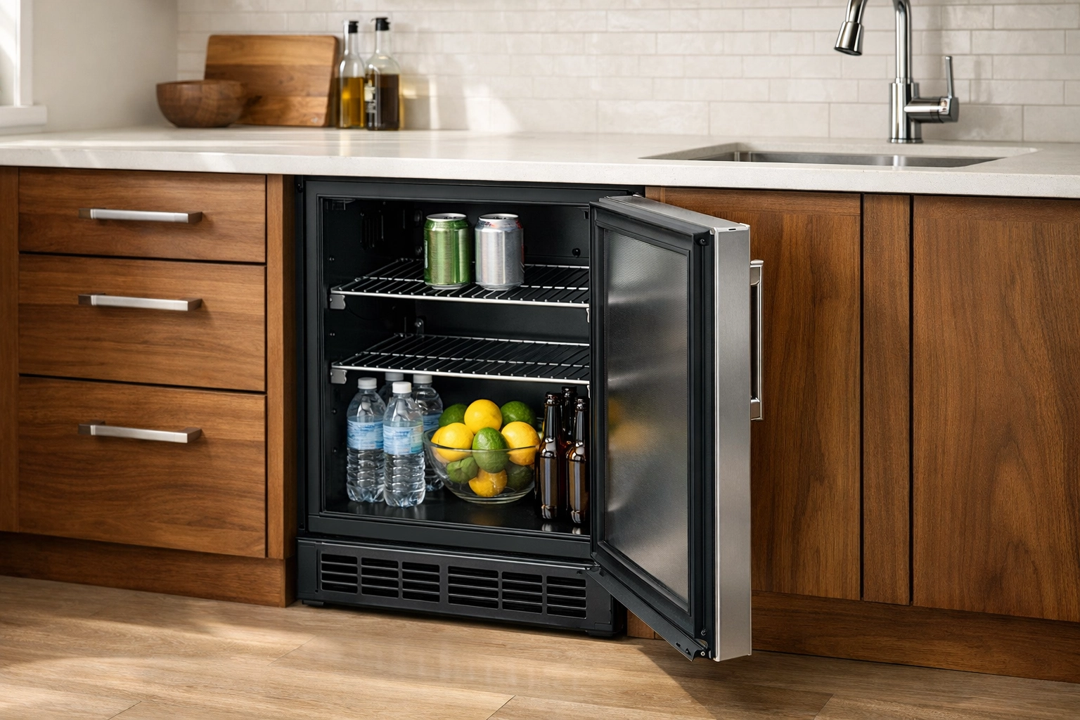 Built-in undercounter kegerator shown as a beverage fridge with adjustable shelves