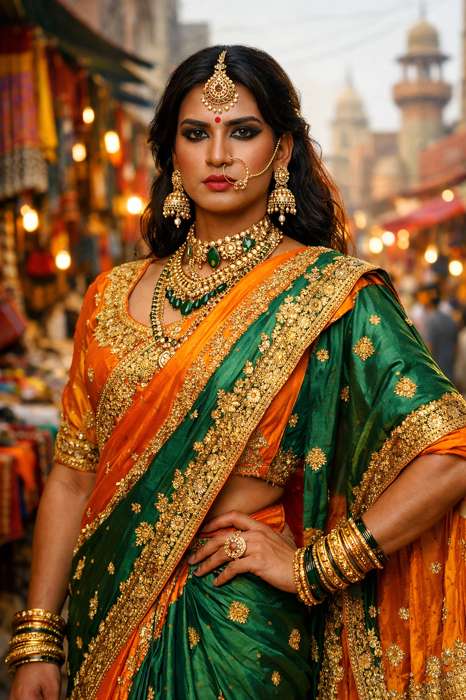 A proud Khwaja Sira person wearing a vibrant saree in a busy Lahore market.