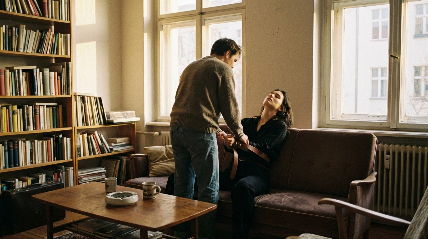 Late afternoon living room power exchange with wrists cuffed and yearning posture, candid 35mm vibe