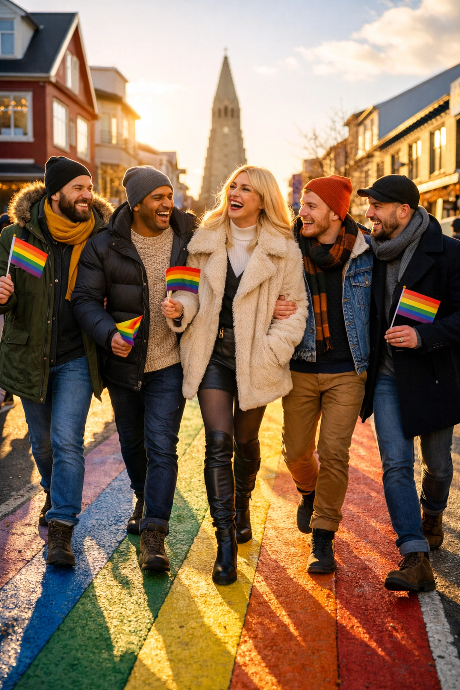 Queer friends walking on a rainbow road in Iceland, capturing the authentic joy found in MM contemporary stories.
