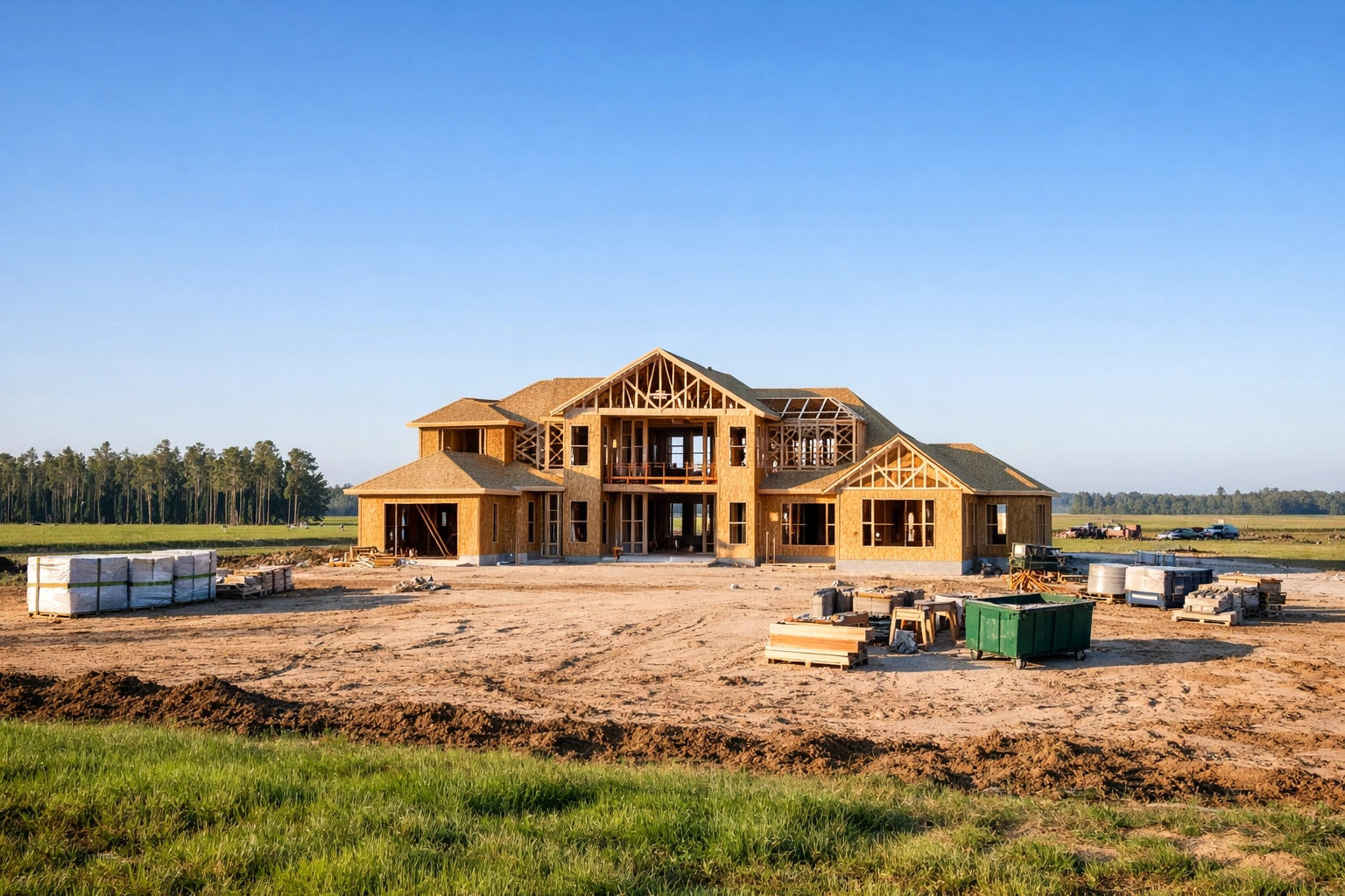 Custom luxury home under construction on a spacious rural lot in Okeechobee, Florida.
