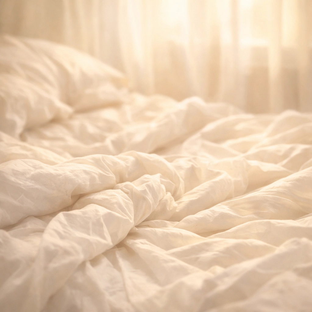 Sunlit bed sheets after intimate moment, representing trust and slow burn romance