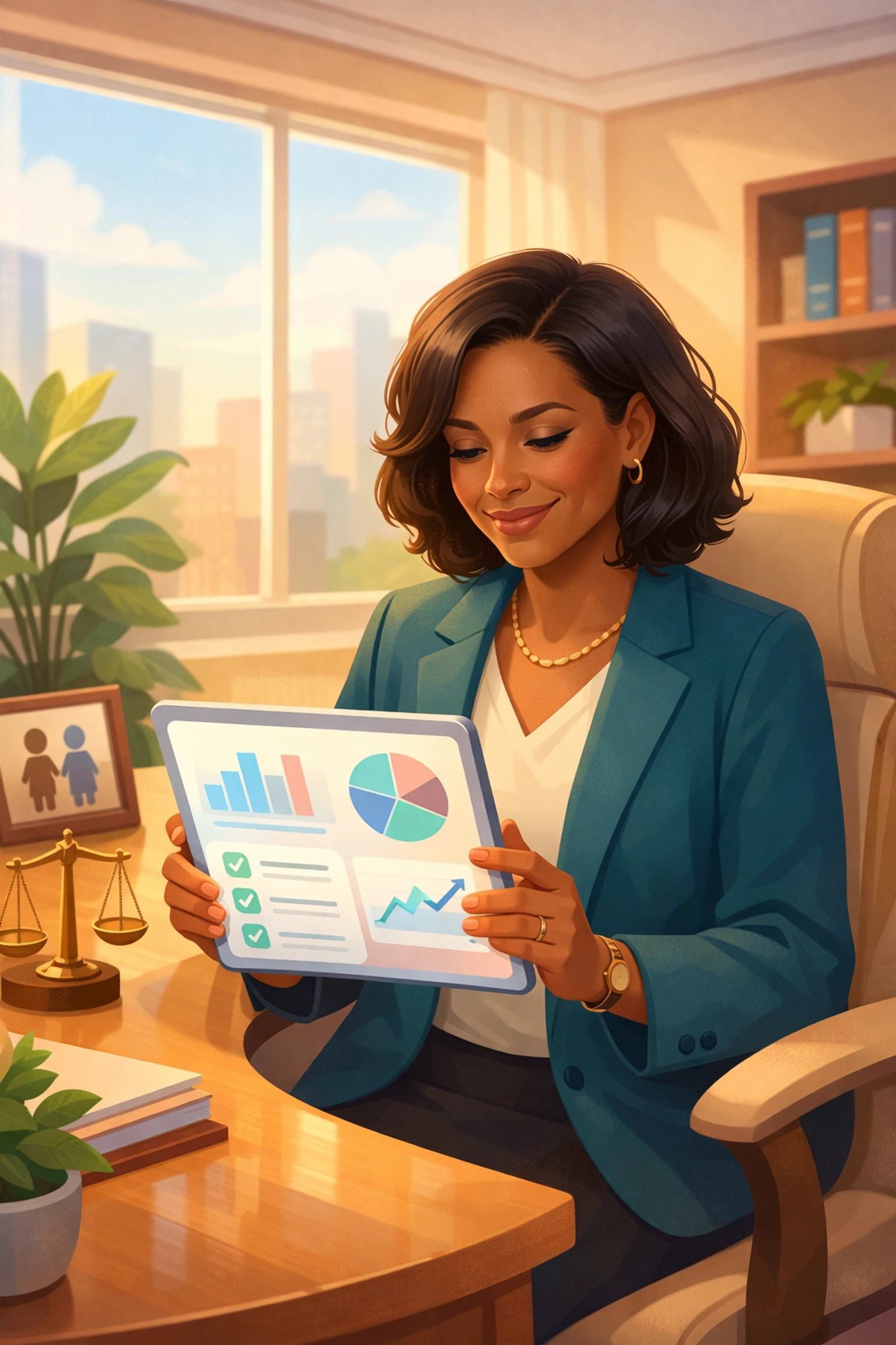 Family law attorney reviewing qualified divorce lead data on tablet in modern office